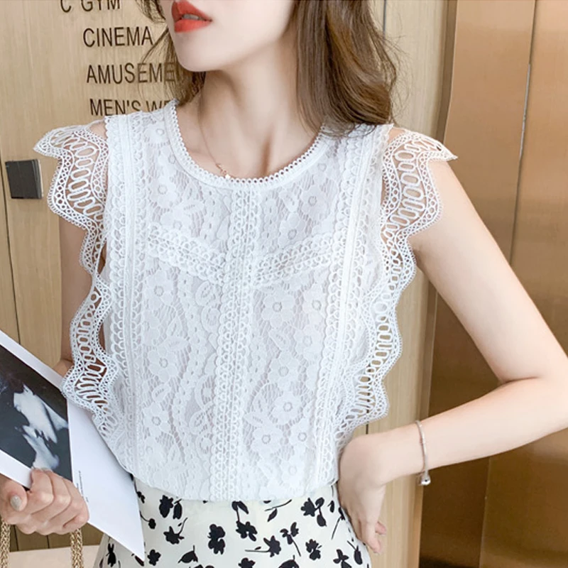 

Модные летние белые кружевные рубашки, Женская Элегантная стильная блузка без рукавов, Офисная женская Свободная блузка с вырезами, модель 26616 года