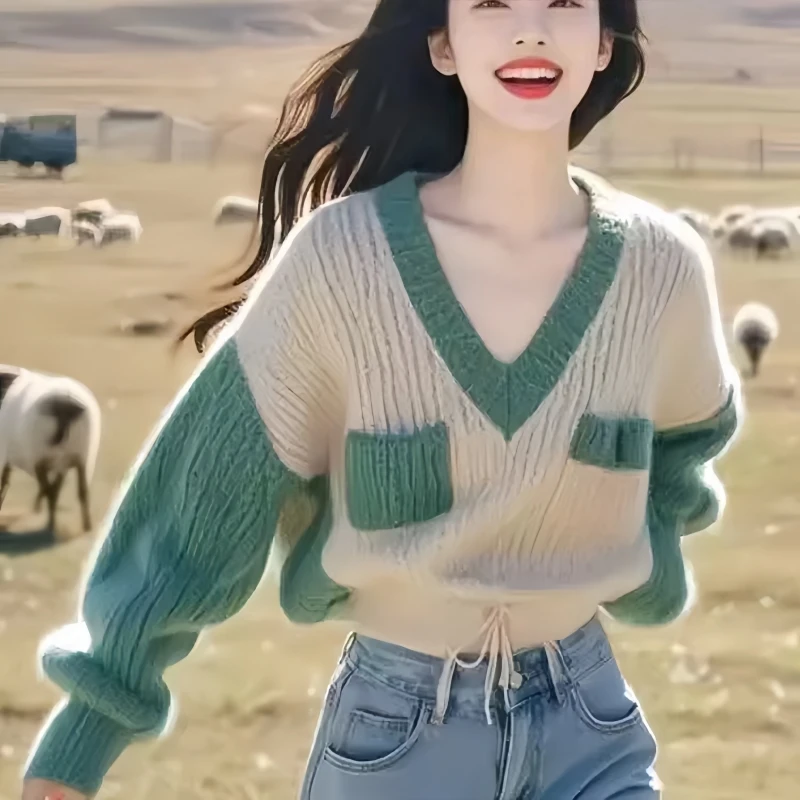 Autumn Fashion New Long-sleeved Women's V-neck Splicing Sweater Knitted Loose Women's Lace-up Office Pullovers Shirt