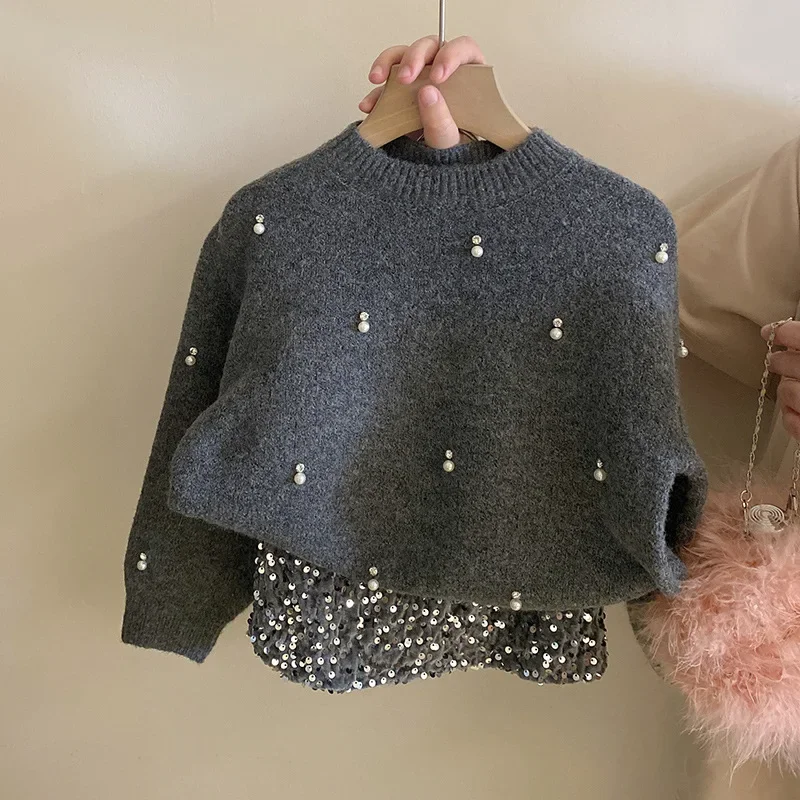 Girls Suit Autumn New Childrens Wear Korean Style Baby Girl Pearl Rhinestone Knit Sweater Sequin Skirt Two-piece Set