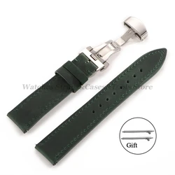 Vintage - Style Crazy Horse Leather Watch Strap with Butterfly Buckle and Timeless Stitching - 22mm (Army Green)