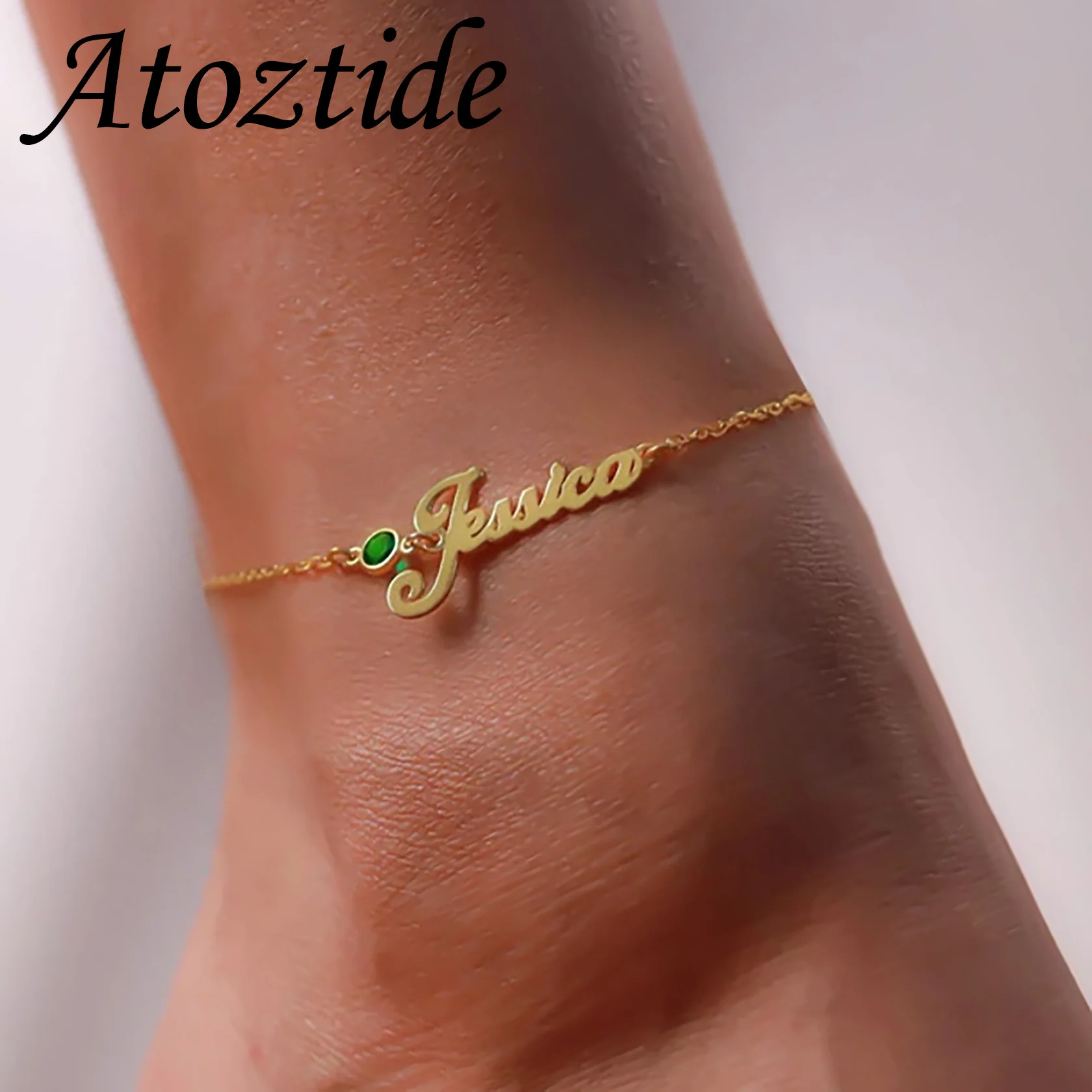 Atoztide Custom Name Anklet for Women with Birthstone Personalized Leg Chain Stainless Steel Jewelry Charms Summer Beach Gift