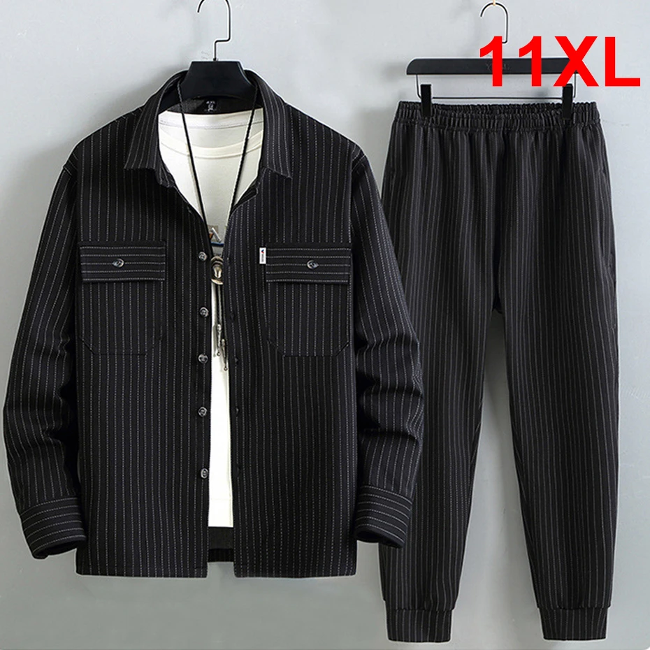 Men's Stripe Sets Plus Size 10XL 11XL Cargo Shirts Pants Male Autumn Winter Thick Suits Fashion Casual Jacket Sets Big Size 10XL