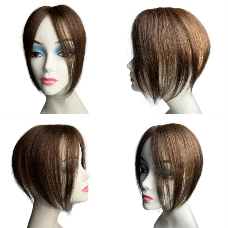 100% Human Hair Toppers for Women 10inch Clips in Human Hair Bangs Fringe Hairpieces Middle Part Brown Anemone Non-remy human hair toppers