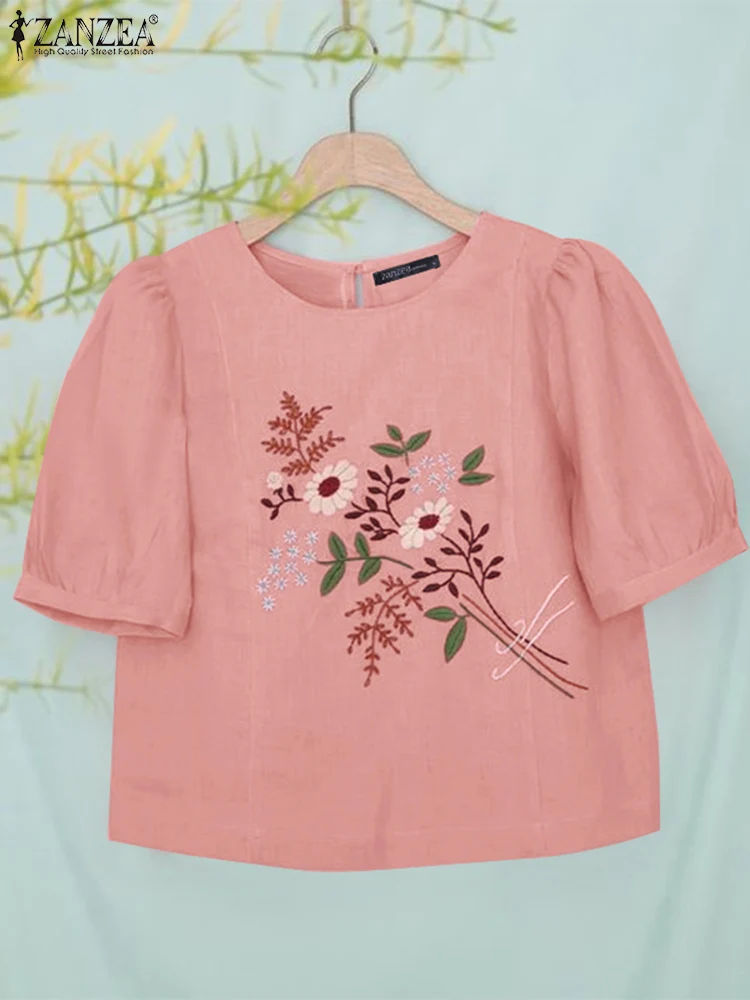 

Женская летняя блузка с цветочным принтом ZANZEA, винтажная рубашка с коротким рукавом, повседневные блузы с круглым вырезом и вышивкой, элегантные однотонные рабочие Топы оверсайз