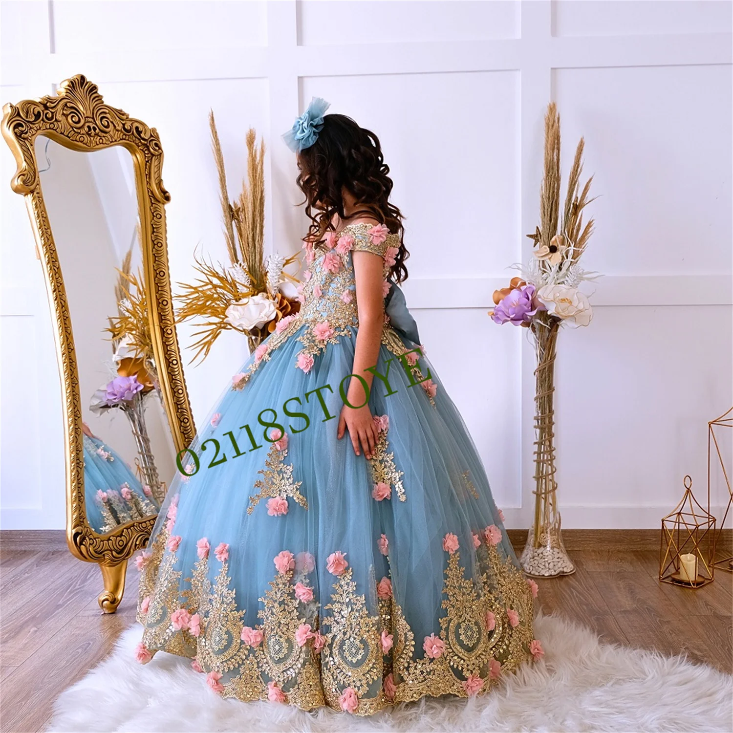 

Elegant Blue Sweet Quinceanera Dress For Baby Girls Floral Appliques Off Shoulder Junior Ball Gown Toddler Kids Party Dresses
