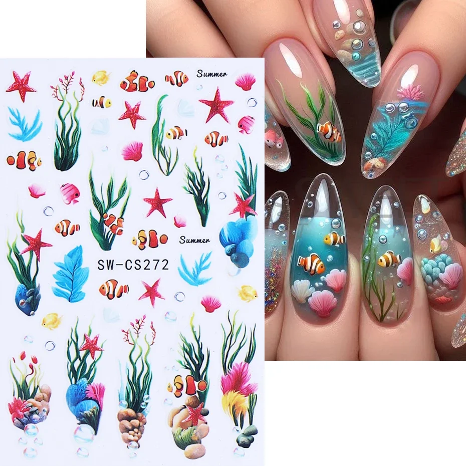 2pcs Ocean Animal Nail Art Stickers 3D Summer Starfish Shell Seaweed Fish Design Adhesive Sliders Nail Decals DIY Manicure Decor