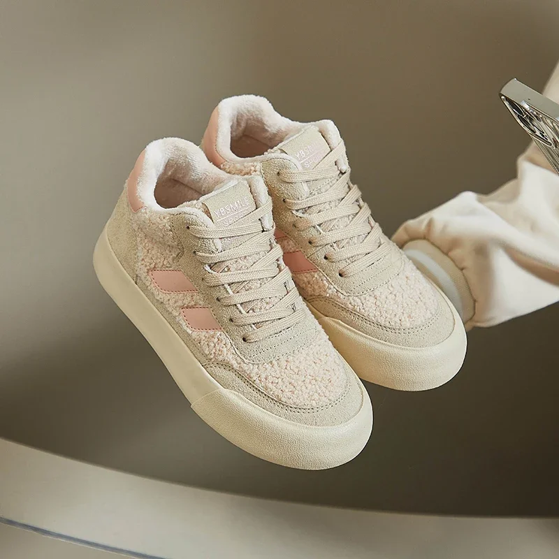 

Women 2024 Lace-up Women Canvas Shoes Retro Lamb Wool Mosaic Training Shoe Fleece Warm Women Casual Shoes