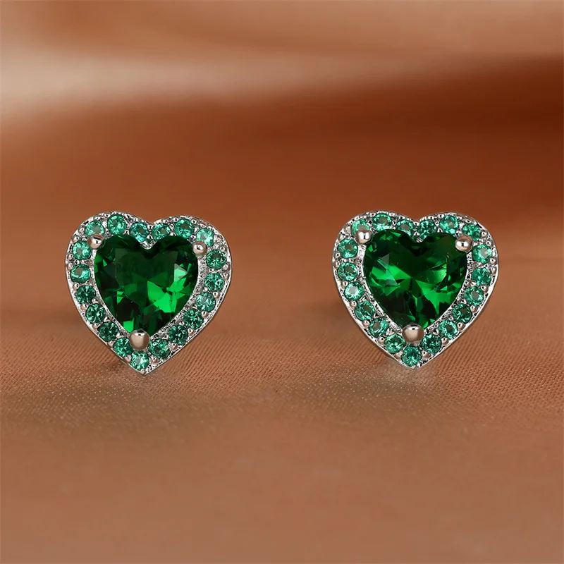 Luxury Female Black/Green/Red/White Stud Earring Fashion Silver Color Small Heart Vintage Wedding Jewelry