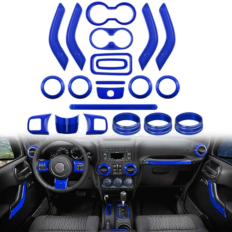 

(Blue 21Pcs) Car Decoration Steering Wheel Center Console Air Outlet Trim For Jeep Wrangler JK JKU Accessories 2011-18