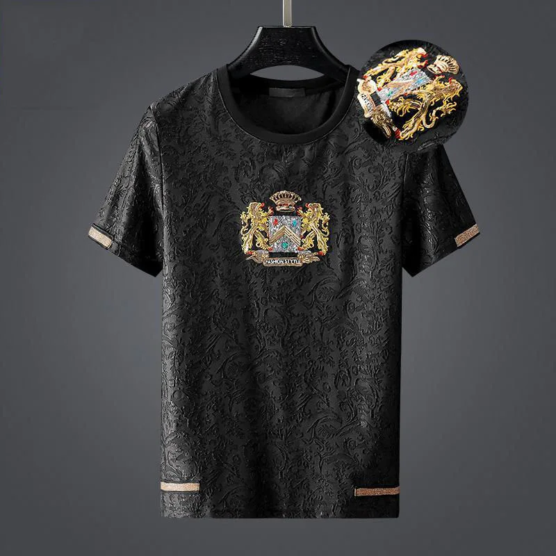 

High end luxury fashion jacquard short sleeve t-shirt men's Korean version loose large personalized lion embroidered half sleeve