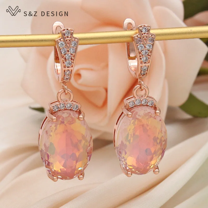 S&Z DESIGN New Fashion Cubic Zirconia Large Colorful Oval Crystal Dangle Earrings For Women Wedding 585 Rose Gold Color Jewelry