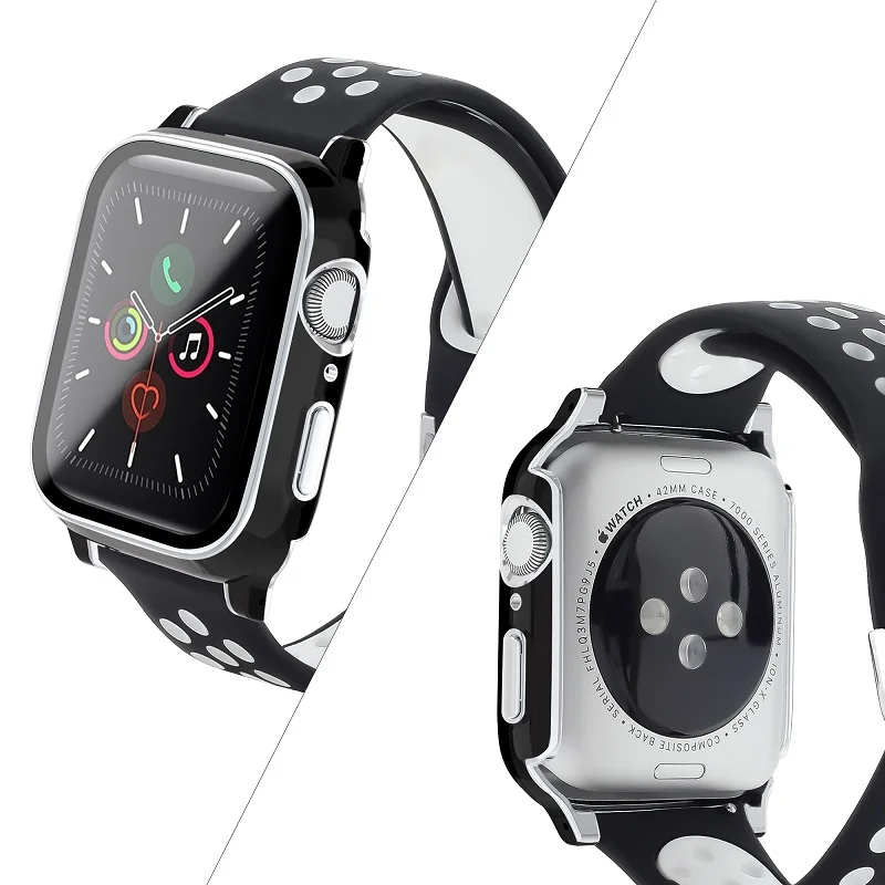 

2 in 1 Plating Tempered Glass Case + Soft Silicone Strap for Apple Watch Series SE/6/5/4/3/2/1 smart watch band