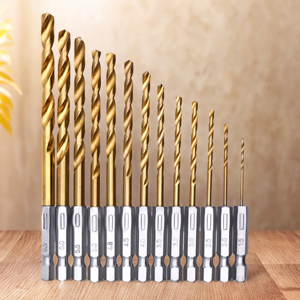 13 PCS 1/4inch Hex Drill Bit Set Titanium Coated HSS Twist Impact Drill Bit Set 1.5-6.5mm for Wood Plastic Aluminum Alloy Metal