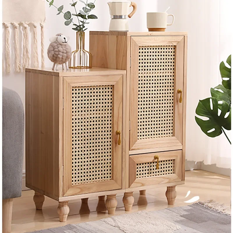 Solid Wood Rattan Woven Storage Cabinet Modern Bedside Table Multi-functional Sofa Cabinet, Bedroom with Drawers, Home Furnitu