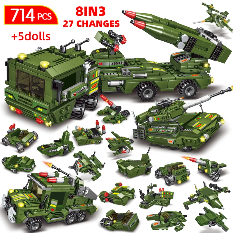 

714pcs 8 In 3 27 Changes City WW2 Army Building Blocks Fighter Tank Helicopter Car Figures Bricks Toys For Children Gifts