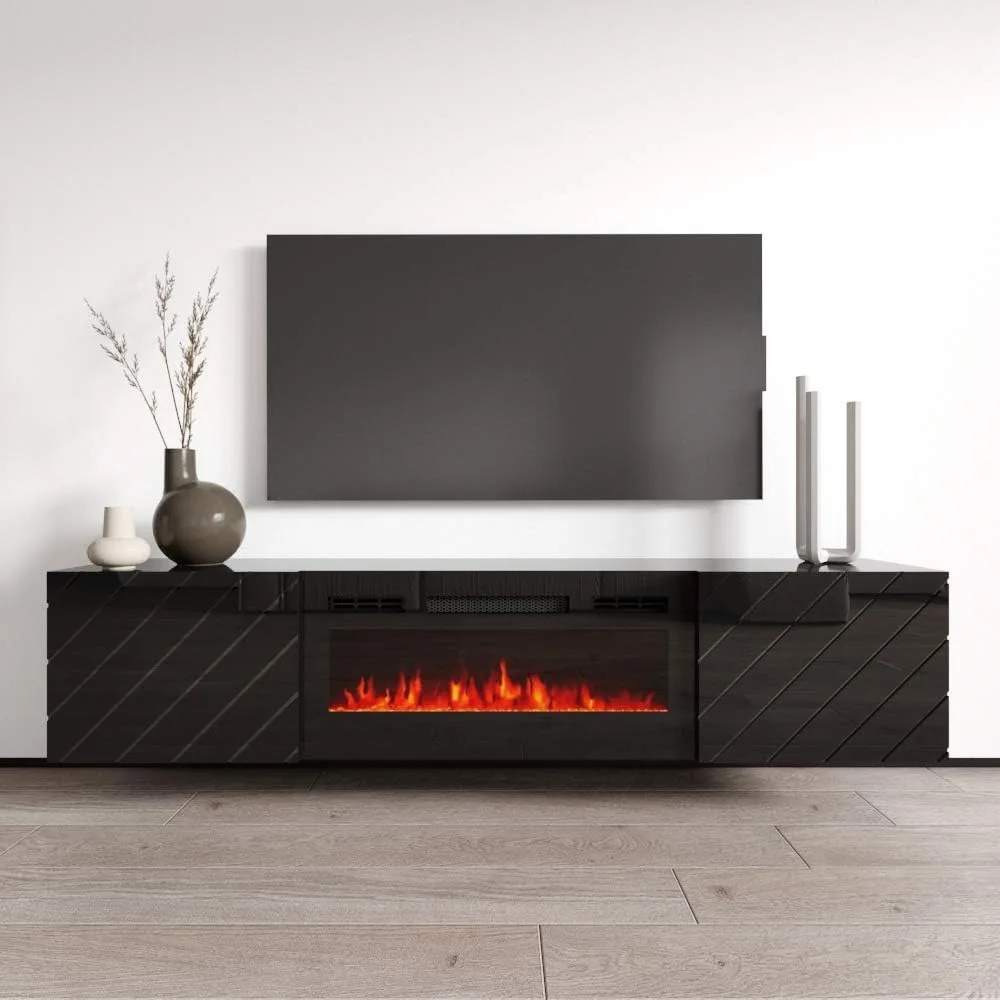Floating Fireplace TV Stand for TVs Up To 80", Modern High Gloss 72" Entertainment Center, Wall Mounted Electric Fireplace 2