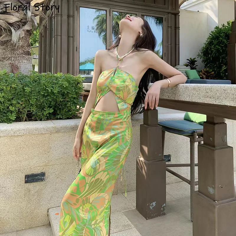 

Floral Elegant Printed French Dress Green Straps Fashion Slim Sexy Bodycon Backless Dresses Summer Vacation Retro Beach Maxi