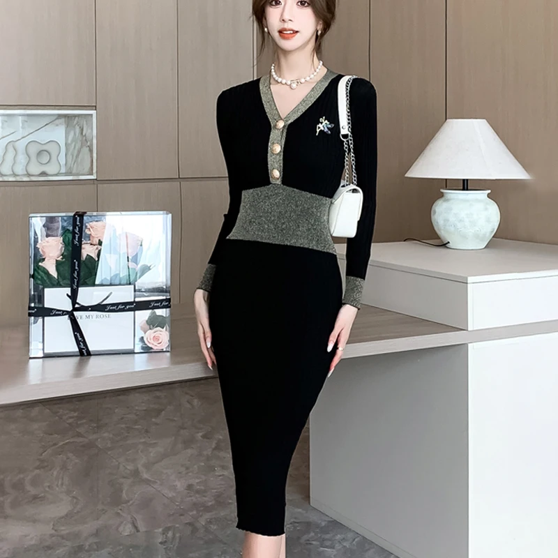 

Patchwork Bodycon Knitted Dress Women Office Lady Sexy Wrap Hip Slim Midi Dresses Autumn Winter Fashion Female Robes With Brooch
