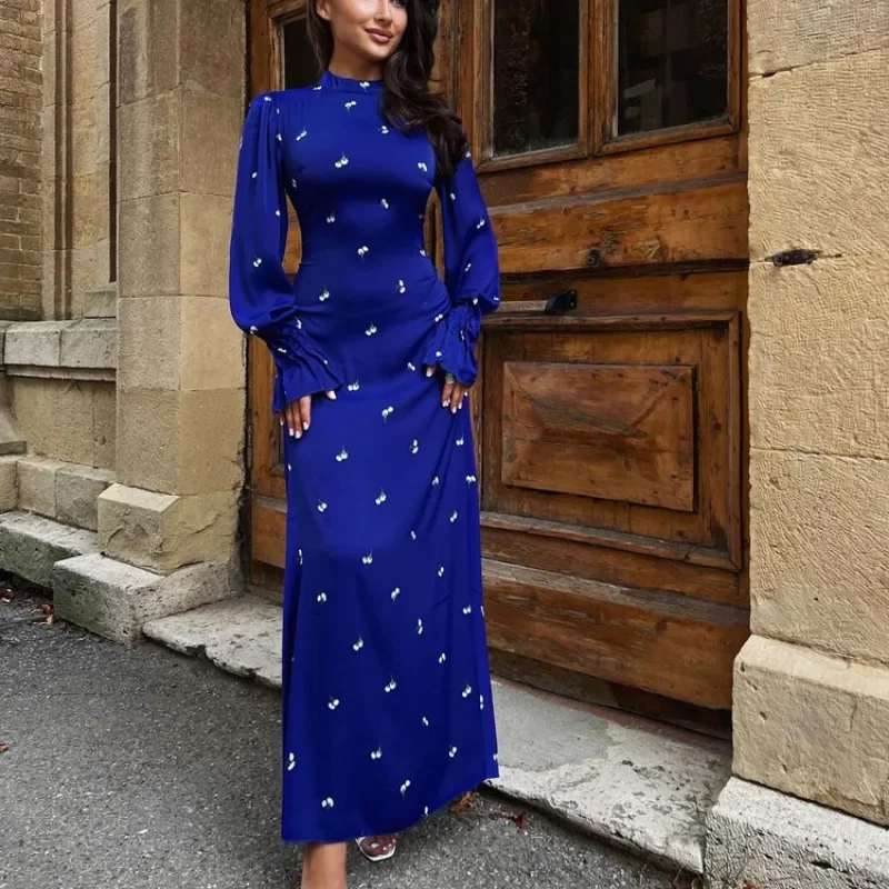

Clacive Bodycon Print Womens Dresses Fashion Slim Stand Collar Long Sleeve Ankle Length Dress Elegant Classic Female Party Dress