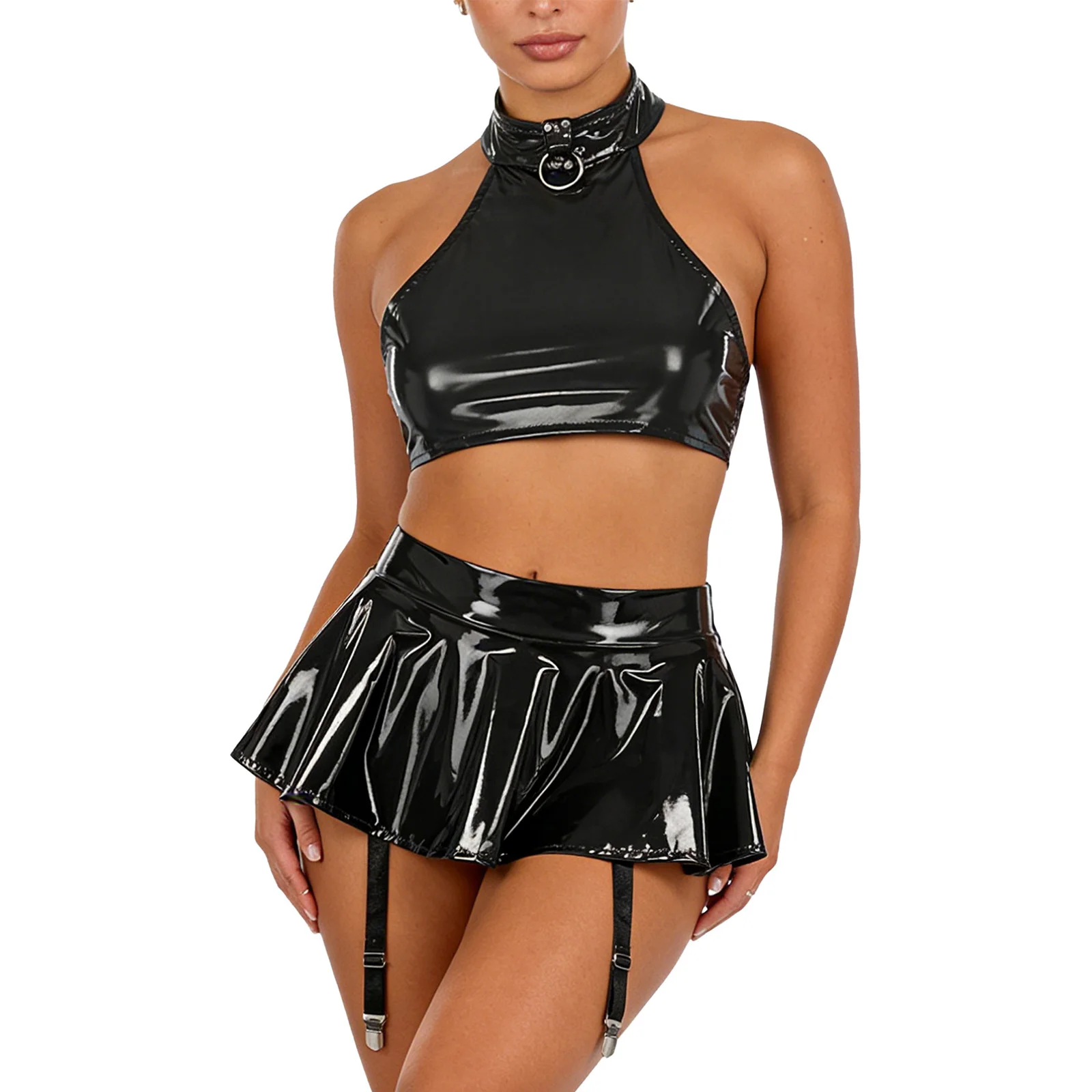 Damen-Lingerie-Set aus Lackleder, Nachtclub-Rave-Outfit, O-Ring-Neckholder-Top mit Rückenfreiem Design und integrierten Strings, Rüschen-Minirock – Detail 12