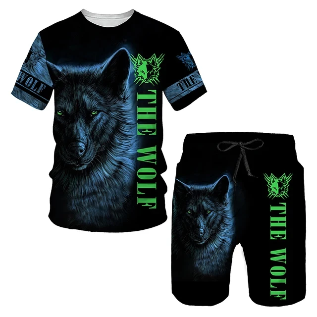 The Wolf Print Set Suit Hip Hop Harajuku 3D Sports 2 Piece Oversized Sweatshirt  O-neck Tshirt Beach Shorts Outfits man clothes 3