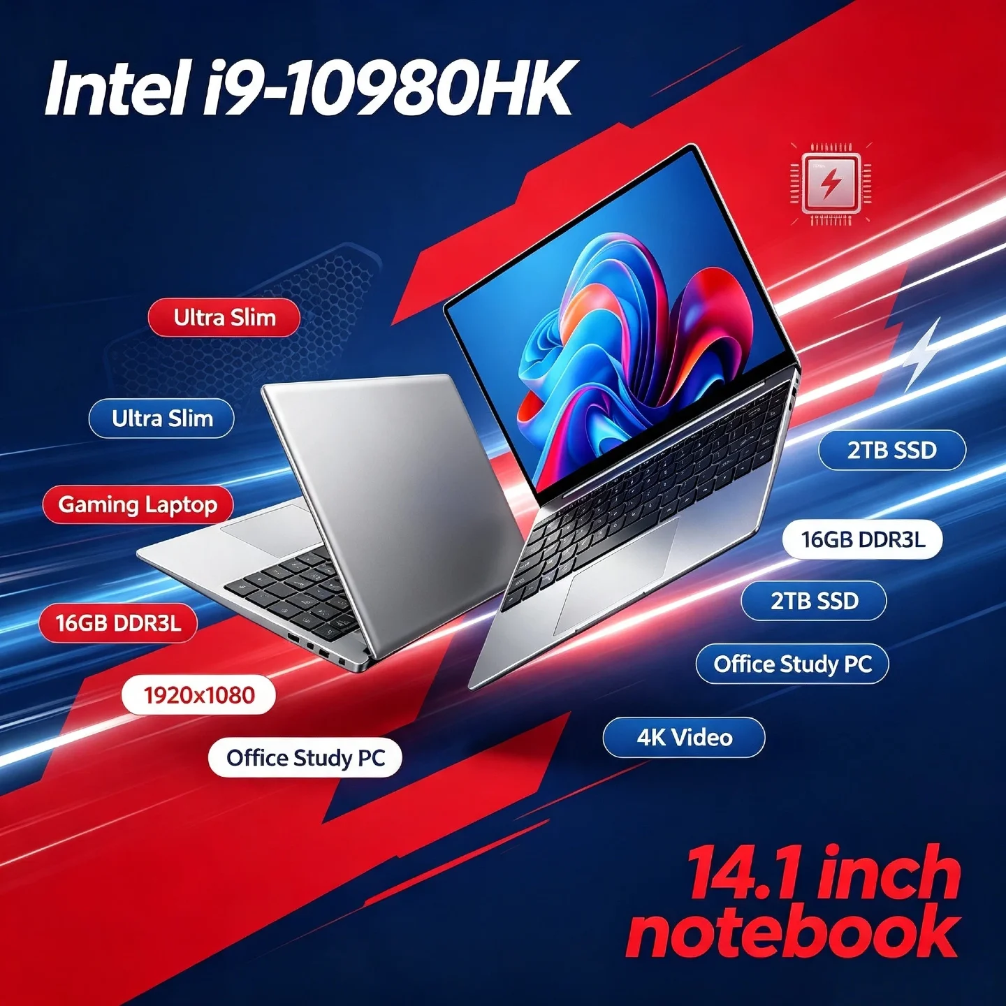 لابتوب احترافي جديد وسريع بمعالج Intel Core i9 10980HK، شاشة 14.1 بوصة، 8 أنوية و16 مسارًا، سرعة 2.4-5.3 جيجاهرتز، ذاكرة 16 ميجابايت، استهلاك طاقة 45 واط، ذاكرة وصول عشوائي 32 جيجابايت، قرص صلب M.2 بسعة 2 تيرابايت، مناسب للألعاب والمكتب.