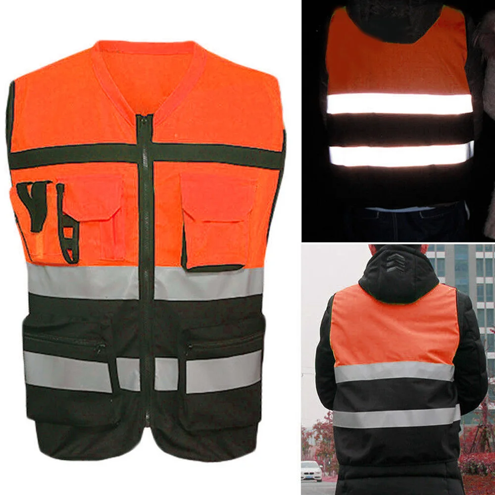 Outdoor Cycling Men's Reflective Strip Vest Workwear Multi-Pocket Zip Up Traffic Safety Waistcoat Outwear Vest Tops
