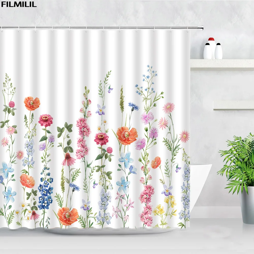 

Занавеска для душа с деревенскими цветами, s занавеска для ванной, с весенним пейзажем акварельными растениями, тканевый декоративный Комплект для ванной комнаты, красный, зеленый, синий