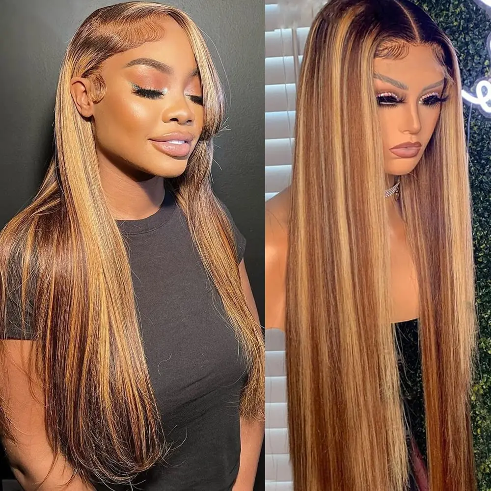 

13x6 HD Highlight Wig Human Hair Honey Blonde Brown Colored Lace Front Wigs For Women Pre Plucked Bone Straight Lace Frontal Wig