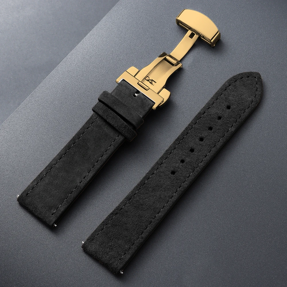 Vintage Suede Cowhide Watch Strap with Butterfly Buckle Bracelet - Sport Wristband