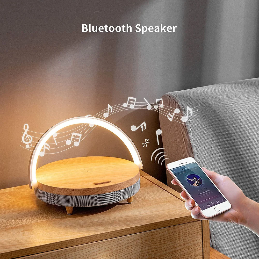 US $16.42 - 29.68 Wireless Charger Bluetooth Speaker for IPhone 13 Wooden Table Lamp High Power Mobile Phone Stand Wireless Charger Lamp Speaker