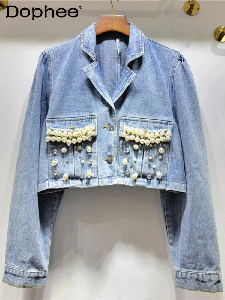 

Женская джинсовая куртка с длинным рукавом, однобортная куртка с воротником-костюмом в тяжелой промышленности, весна-осень 2024