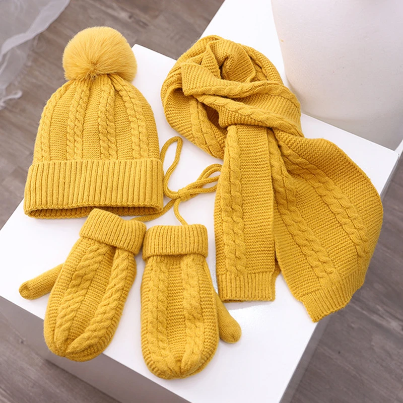 3PCS Winter Baby Hat Scarf Gloves Set Plush Lining Kids Beanie Neck Warmer Snow Outdoor Children Caps for Girls Boys 1-5Y