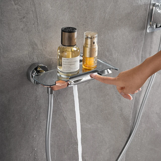 ก๊อกน้ำฝักบัวติดผนังห้องน้ำ สีโครเมียม/สีเทา แบบก้านโยกเดี่ยว ผสมน้ำร้อนน้ำเย็น พร้อมฝักบัวมือ 6