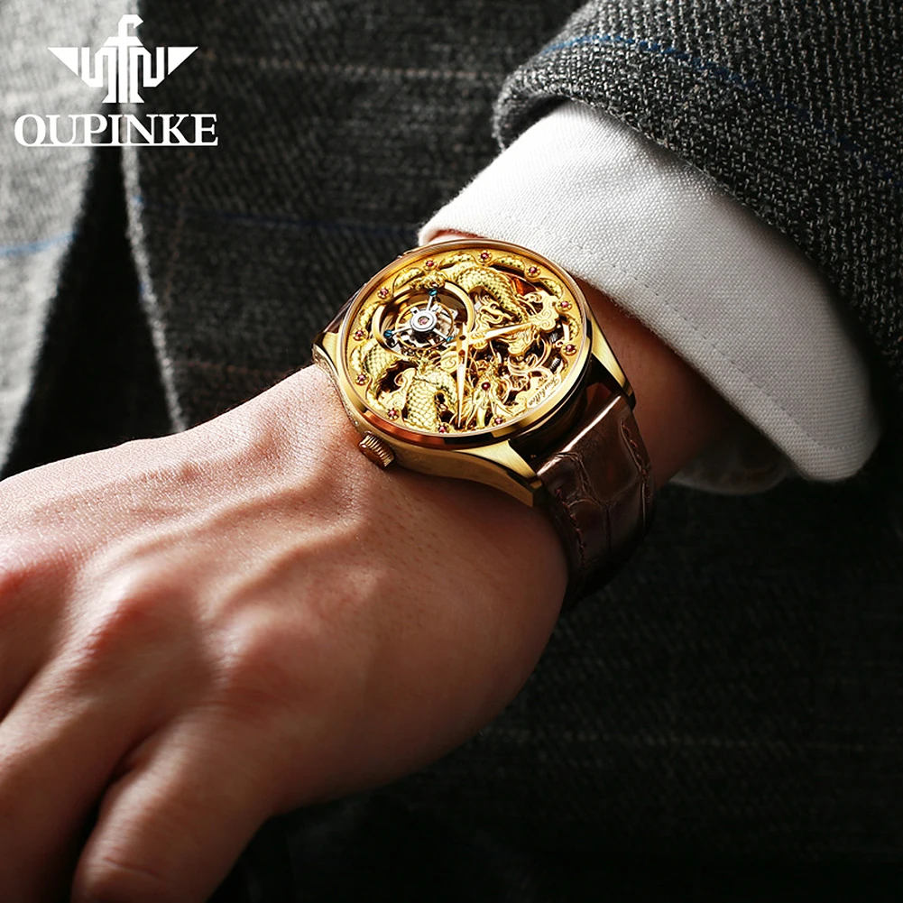OUPINKE 3176 Men's Watch Tourbillon Mechanical Watch For Men Dragon Dial Hollow Flywheel Deep Waterproof Automatic Wristwatch