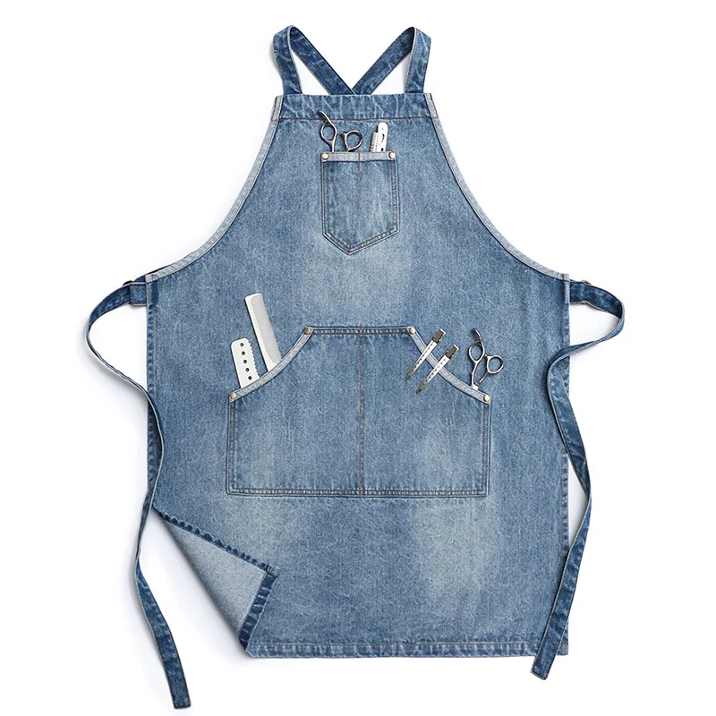 Custom cotton denim fabric Apron with Pockets Jean Apron for Hairstylist tool pockets 6