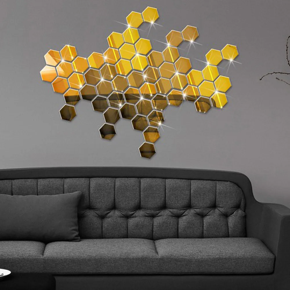 

12pcs 3d Mirror Hexagon Vinyl Removable Wall Sticker Decal Home Decor Art Wall Stickers Family Gold Silver Bathroom Accessories