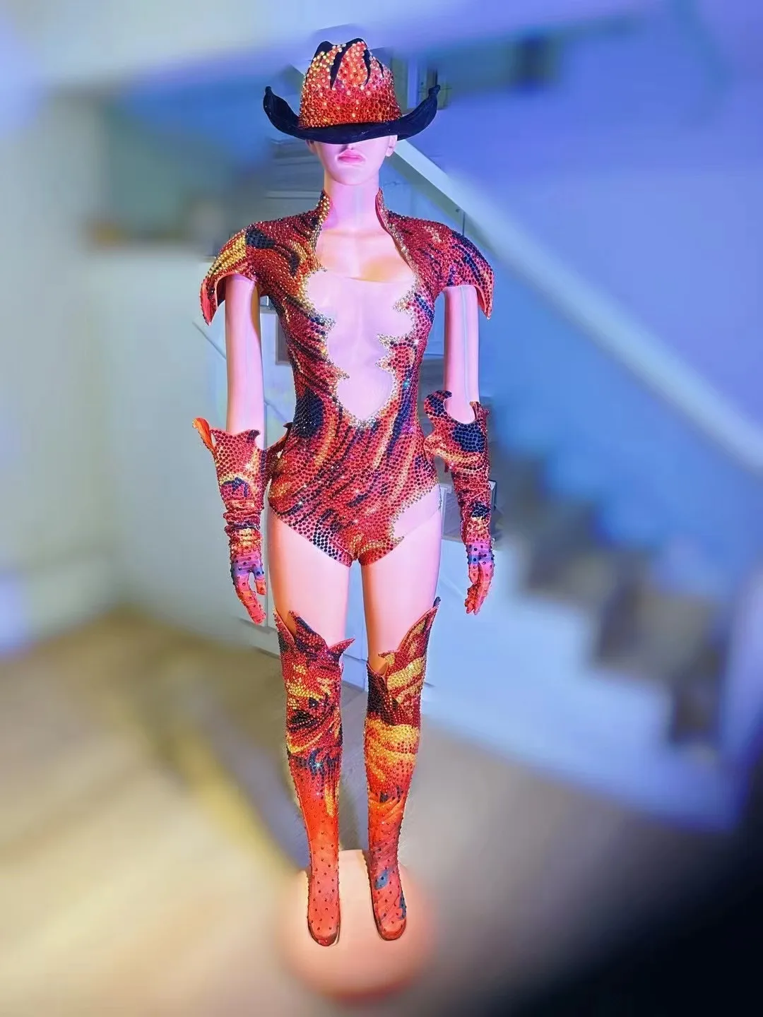 

Красно-синие женские бодзюитовые перчатки, шляпа, женская сексуальная перспективная Одежда для танцев на шесте, одежда для сценического ГОГО, костюмы Drag Queen XS7717