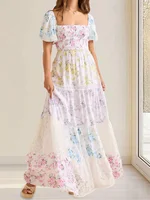 Elegant Floral Print Short Sleeve A-Line Dress with Ruffled Hem for Women Perfect for Cocktail Parties and Streetwear Fashion - Image 5