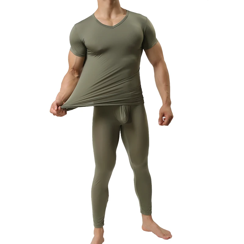 Men Undershirts Sets Ultra-thin Ice Silk Short Sleeve T Shirts Leggings Pants Translucent Tops Tee Trousers Underwear Sleepwear