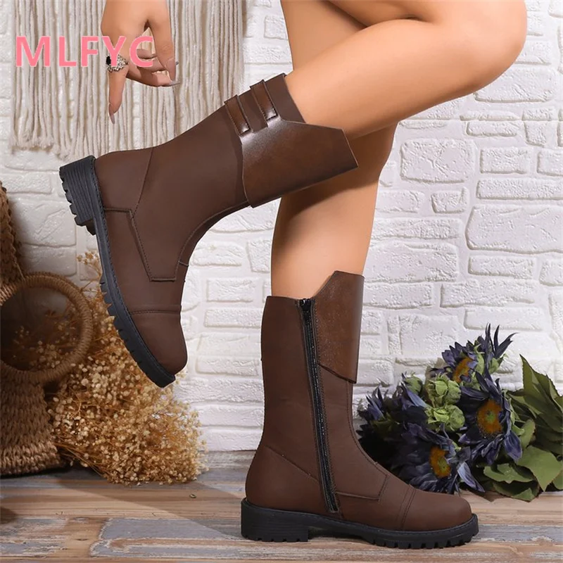 Female European and American Boots Women's 2023 Autumn New Medium Heel Large Fashion Boots Botas De Mujer Platform Heels