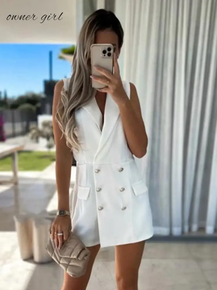 

Women Elegant OL Office Suit Dress Summer Turn Down collar Sleeveless Solid Color Suits Jumpsuit Ladies Fashion Shorts Jumpsuits