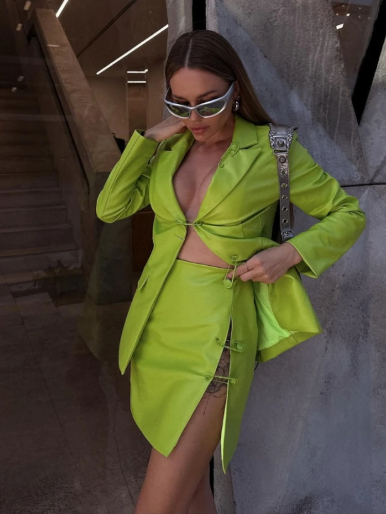 2023 Women Summer Sexy Long Sleeve Deep V Neck Cilp Neon Green Mini Bandage Skirt Set Celebrity Designer Fashion Women's Set