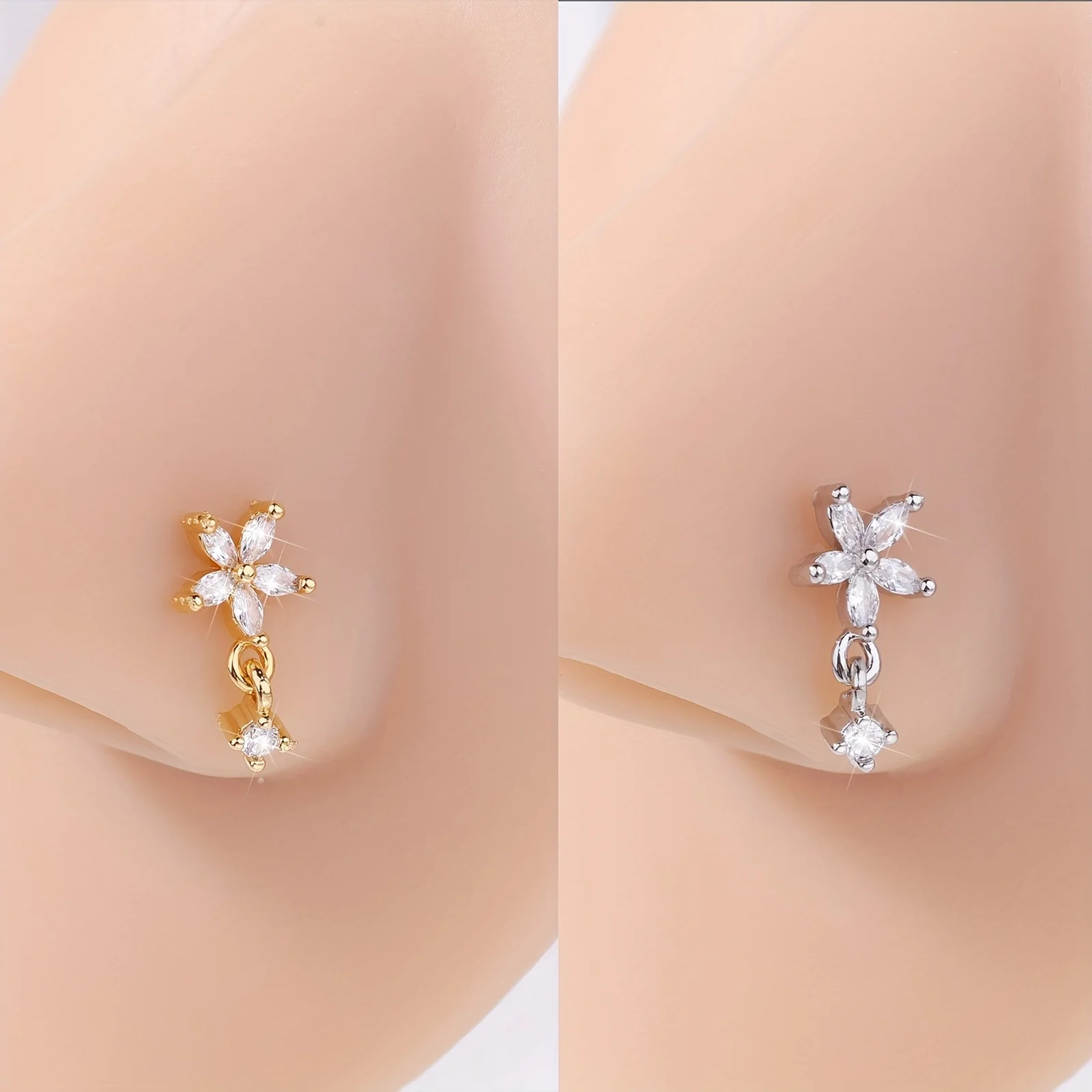 1pc L-Shaped Nose Ring Piercing - Stainless Steel Hypoallergenic 5-Petal Flower Pendant, French Style Nose Stud for Women