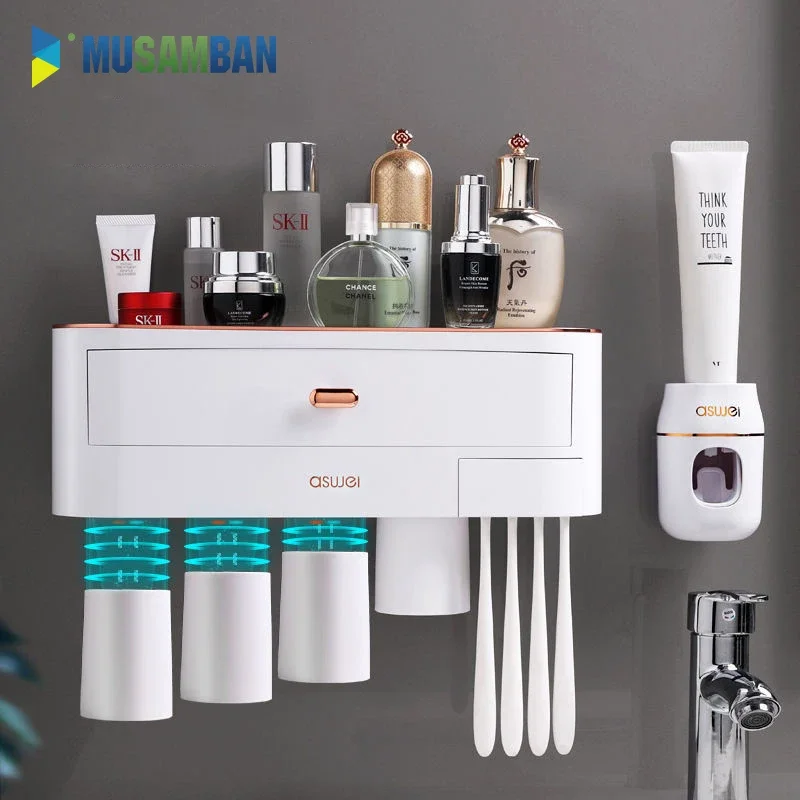 

MUSAMBAN Wall-mounted Magnetic Multifunctional Toothbrush Holder Automatic Toothpaste Squeezer Dispenser Bathroom Accessories