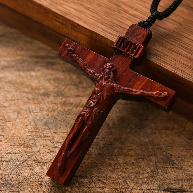 Jesus Cross Pendant Necklace - Handcrafted Rosewood Pendant with Religious Symbolism, Meaningful Gift for Faith & Devotion