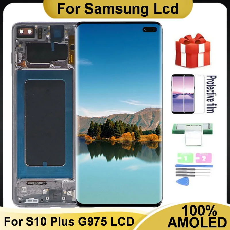 

100% 6.4'' AMOLED S10+ LCD For SAMSUNG Galaxy S10 Plus G9750 G975F G975DS Display Touch Screen Digitizer Replacement with Frame