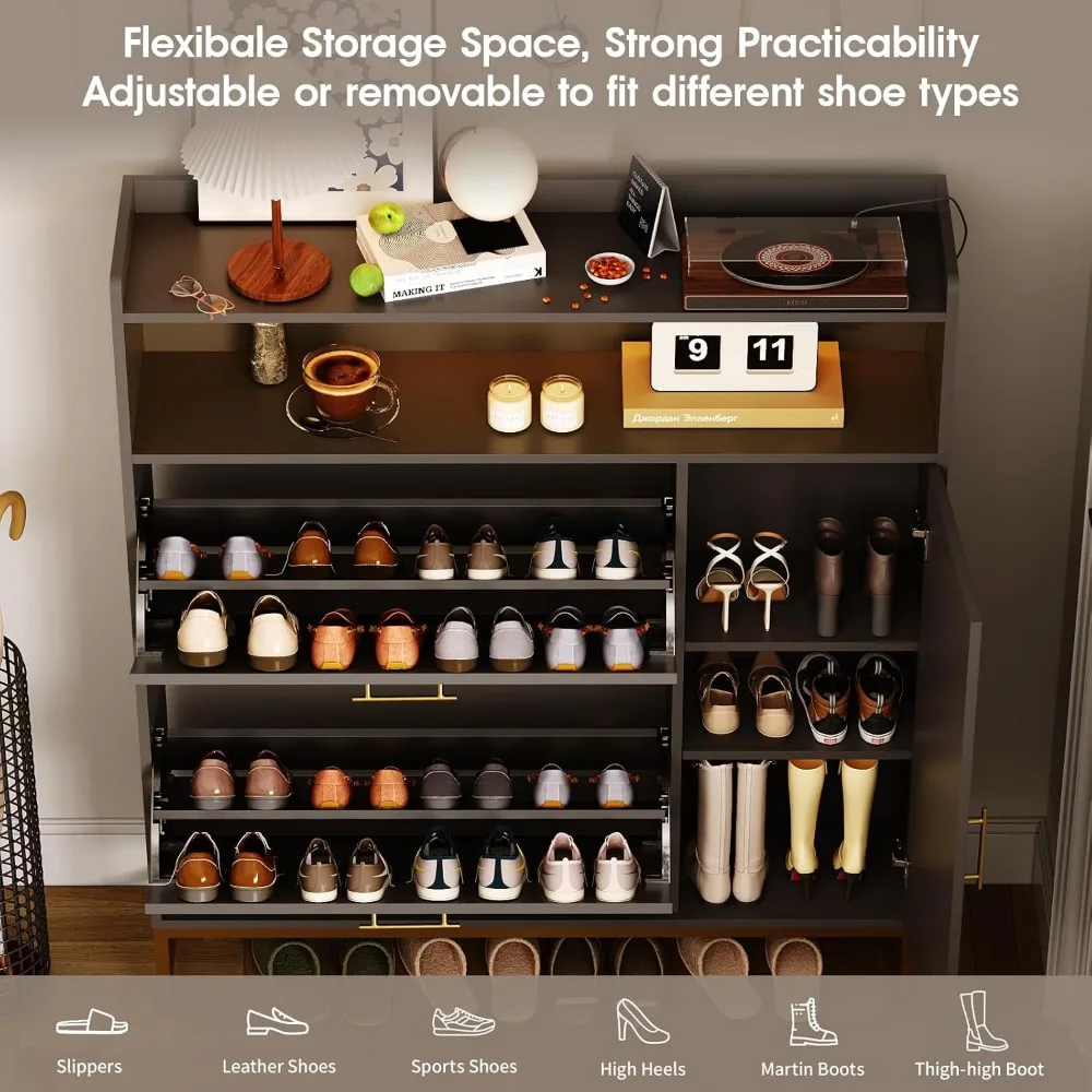 Shoe Storage Cabinet with 2 Flip Drawers & Side Cabinet Shoe Rack Organizer with LED Light and Charging Station Shoes 5