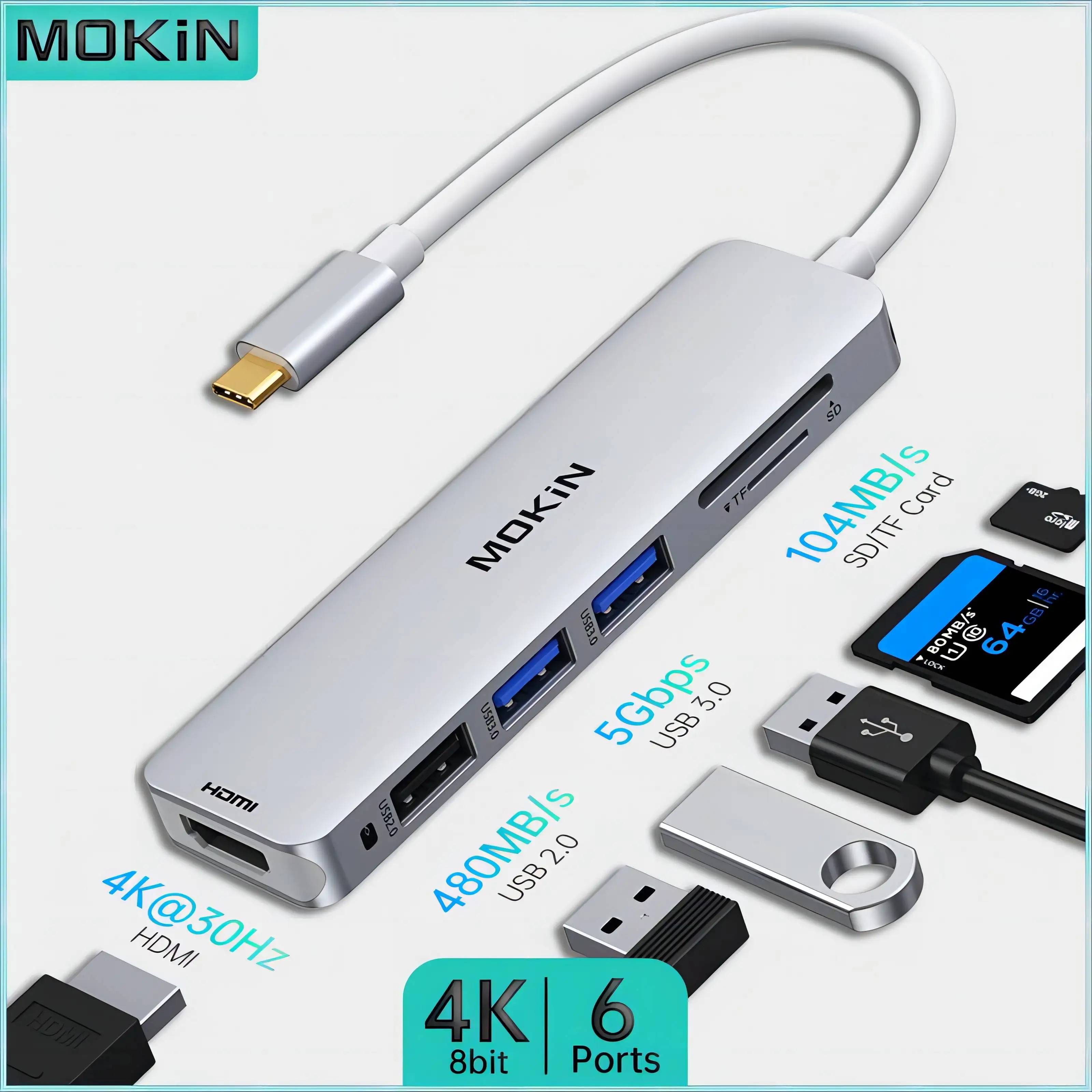 USB-концентратор MOKiN 6 в 1, USB 3,0, Type C, HDMI, 4K, 30 Гц, 3,0, 5 Гбит/с