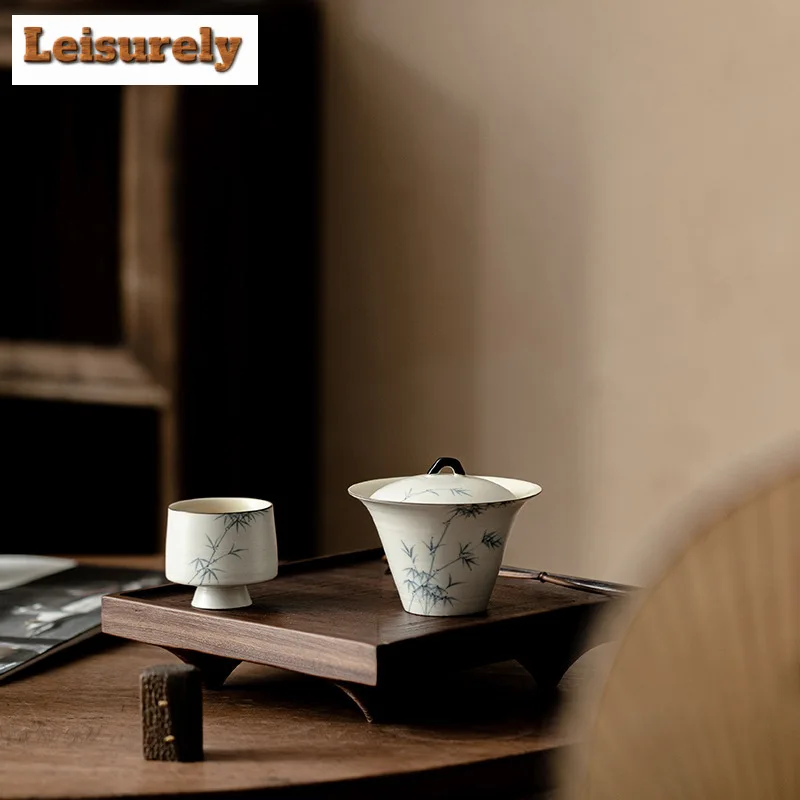 150ml Hand-painted Ink Bamboo Gaiwan Aesthetic Pink Yin White Horseshoe Tea Tureen Tea Maker Cover Bowl Chinese Set Craft